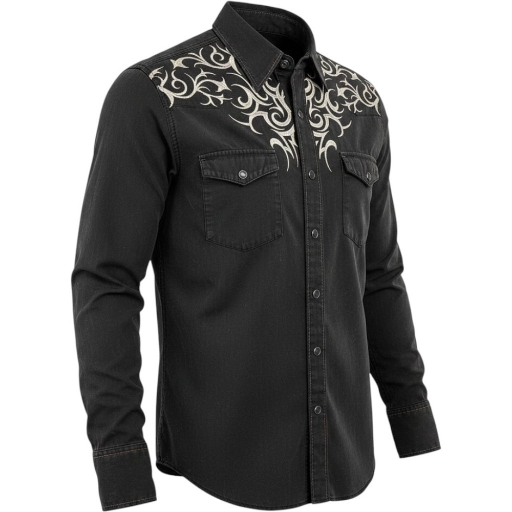 Platini Rustic Western Snap Button Down Shirt Medium Black